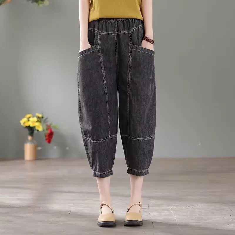 Vintage Calf Length Wide Leg Baggy Jeans For Women Casual Washed High Waisted Denim Pants 2025 Summer Loose Harem Jeans