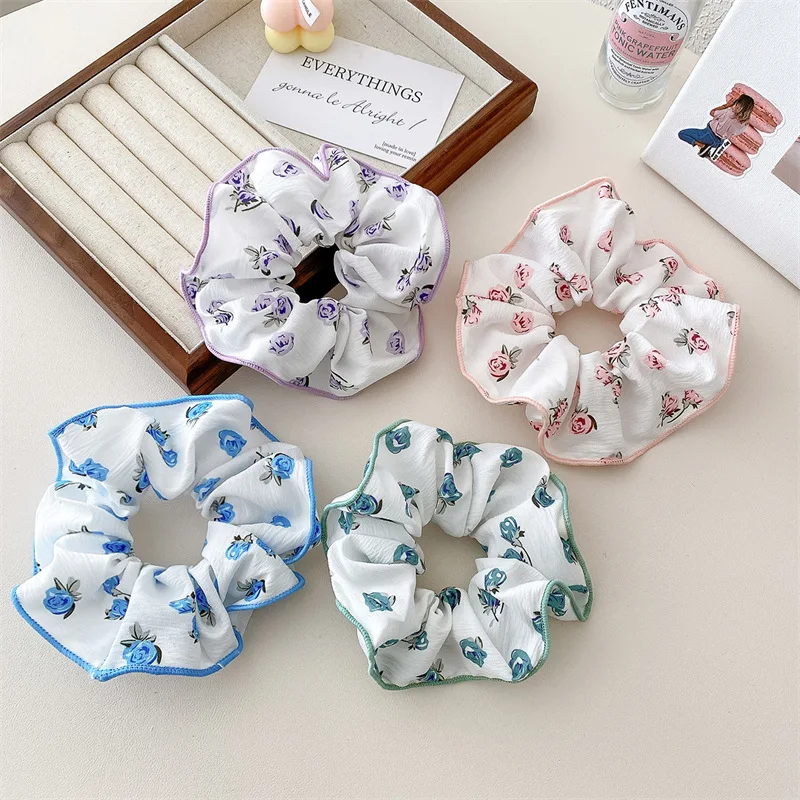 Woman Fresh Fragmented Flowers Cloth Elastics Hair Band Printing Scrunchies Hair Ties Ladies Ponytail Hold Girls Hair Accessorie