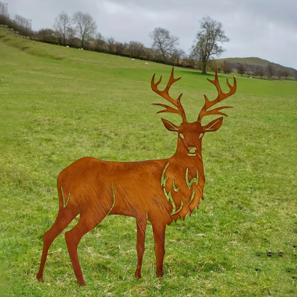 Large rural metal deer sculpture - deer antler garden statue, outdoor/standing lawn, farmhouse or wild wood landscape