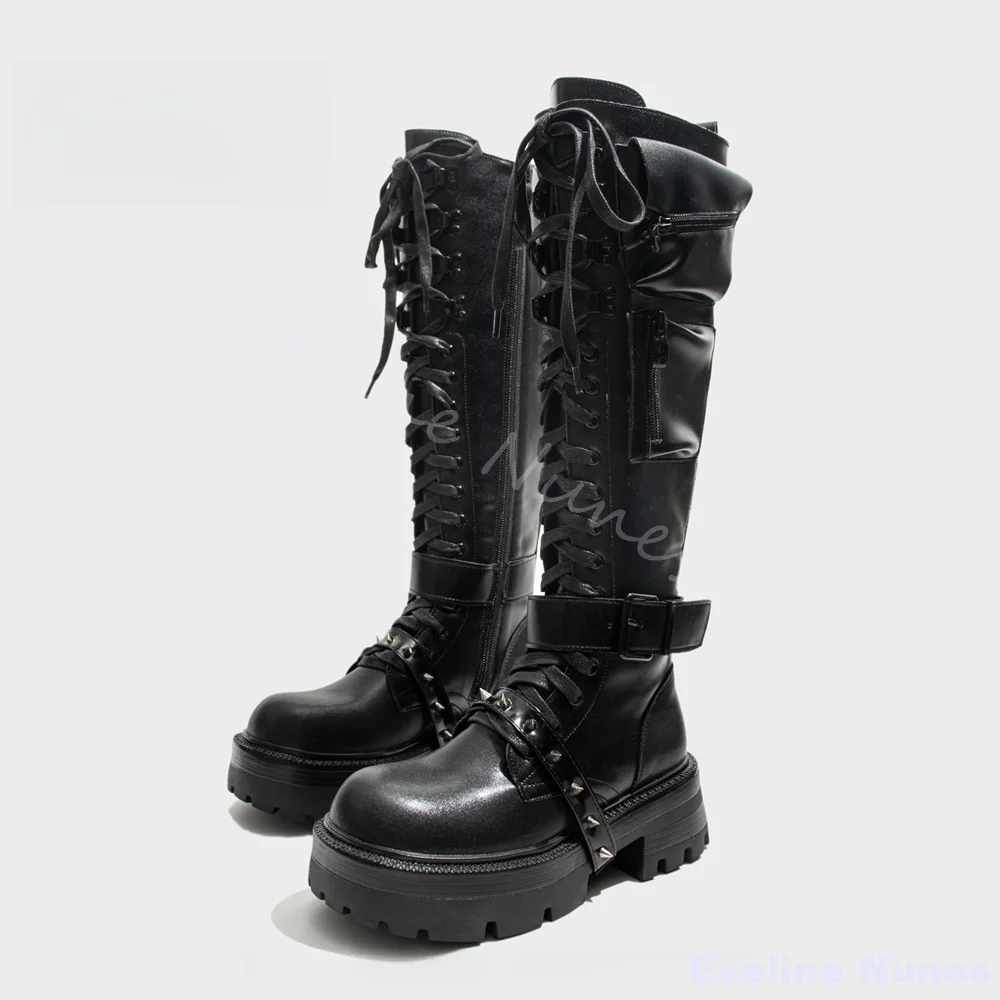 

Rivet Belt Punk Knight Boots Women Cross Tied Round Toe Chunky Heel Side Zipper Knee High Boots New Hotties Black Leather Boots