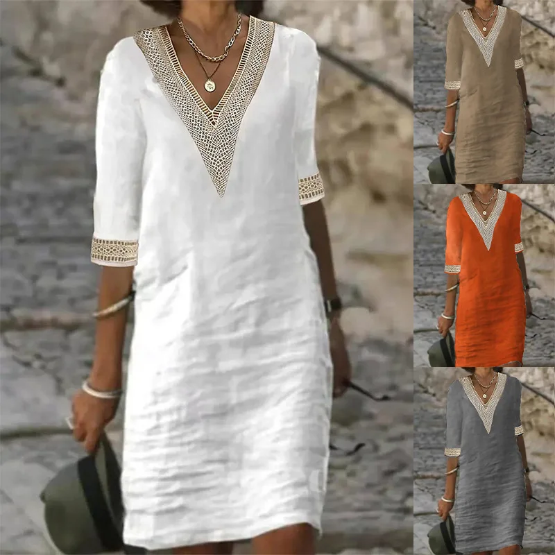 Elegant Women's Lace Dresses 2023 Summer Solid V-Neck Mid Sleeve Cotton Hemp Casual Dress Vesido Mulher Female Robe S-5XL