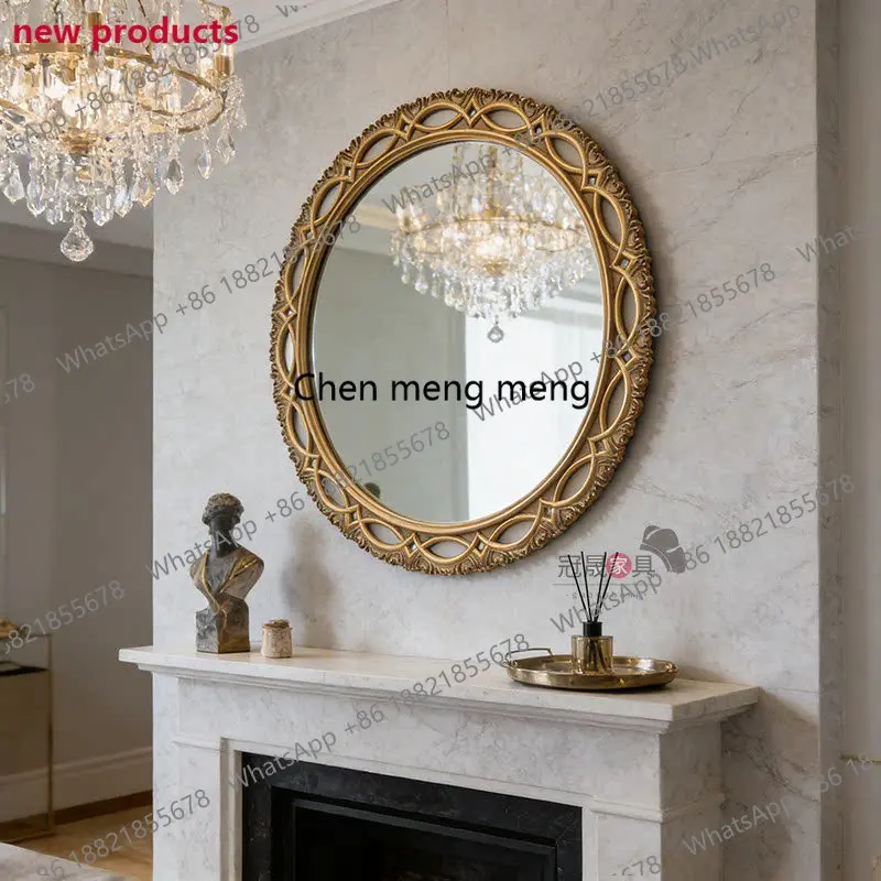 A139European carved bathroom mirror wall-mounted toilet round classical makeup mirror retro style
