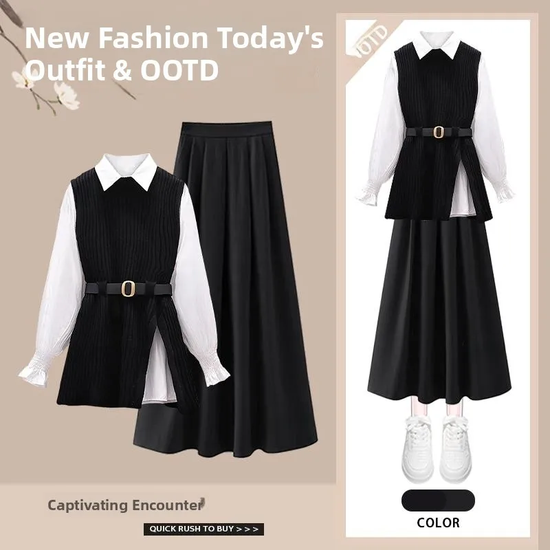 Frühling Faion Lazy Sle Gestrickte Weste Hohe Taille Rock Set Casual Lange Sve Kragen T-stück frauen Ensemble