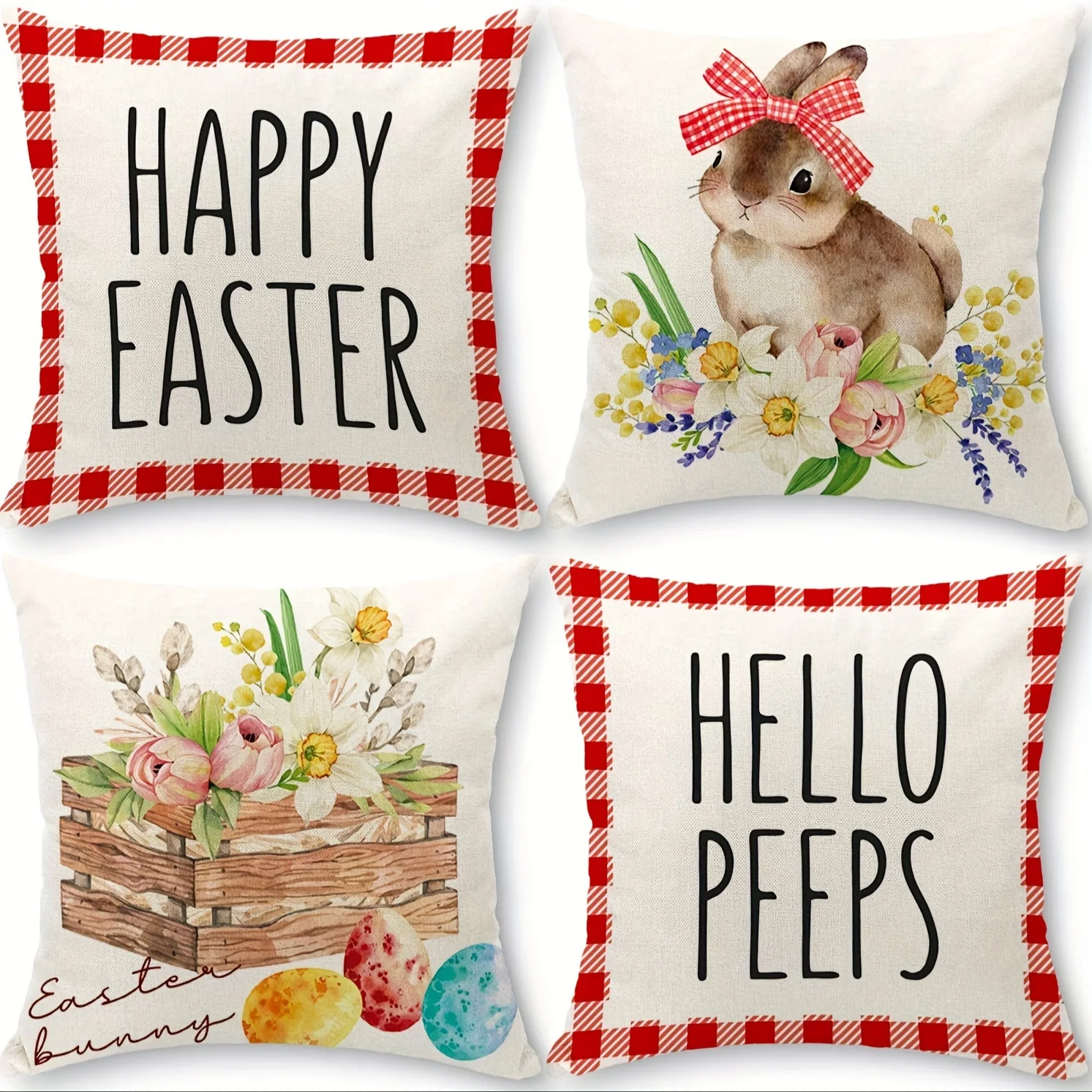 

4pcs Linen Cotton Plaid Flower Basket Rabbit Easter Throw Pillow Cover Home Room Office Living Room Sofa Decor No Pillow Core