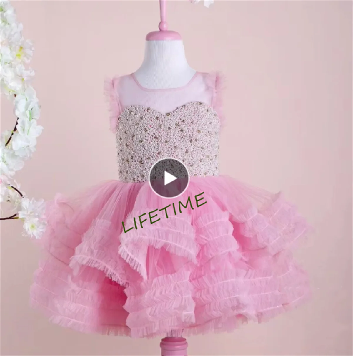 Funkelndes rosa Baby-Mädchen-Kleid mit Perlen verziert, Kinder-Couture-Puffy-Prinzessin-Kostüm, Mädchen-Geburtstagskleid, große Schleife, 12 m, 18 m, 24 m