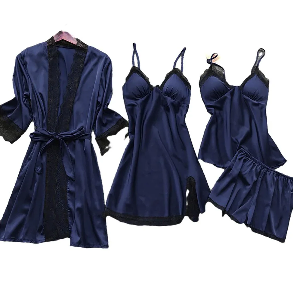 Nightdress Pajamas Set 4PCS Home Clothes Lace Dress Nightgown Nightwear Robe Sleepwear Solid Color Comfortable