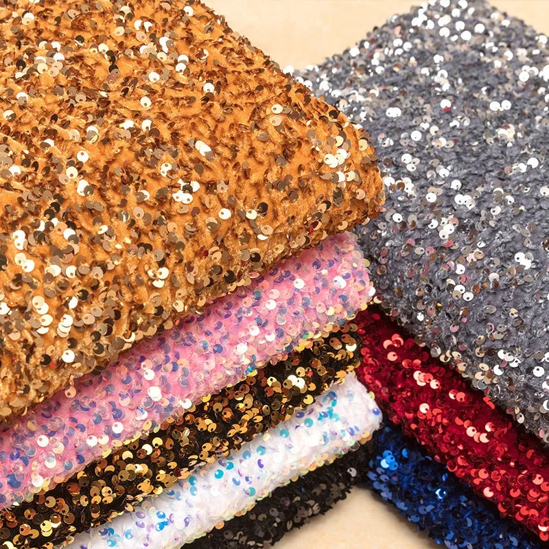 Sequins Stretch Velvet Fabric Embroidered Elastic Soft for DIY Decorate Festival Activities Party Sewing Dance Clothing By Yards