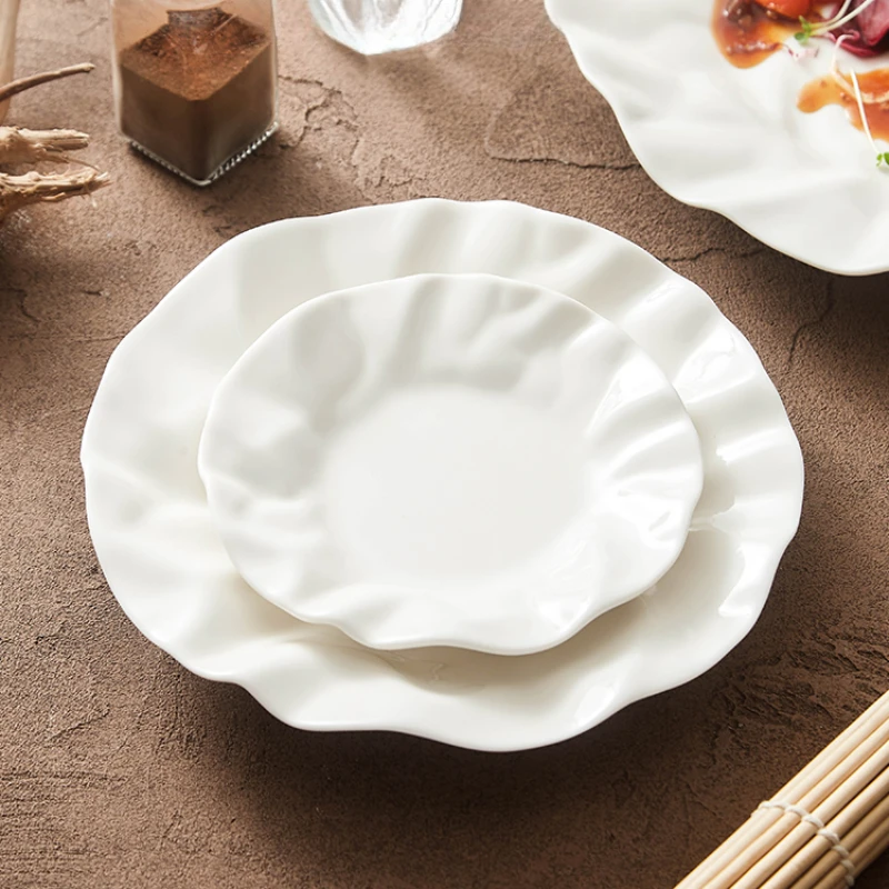 

Креативная керамическая креповая бумага, посуда в западном стиле, бытовая тарелка для макарон, фруктового салата, Qingshe, белая тарелка для отеля, ресторана