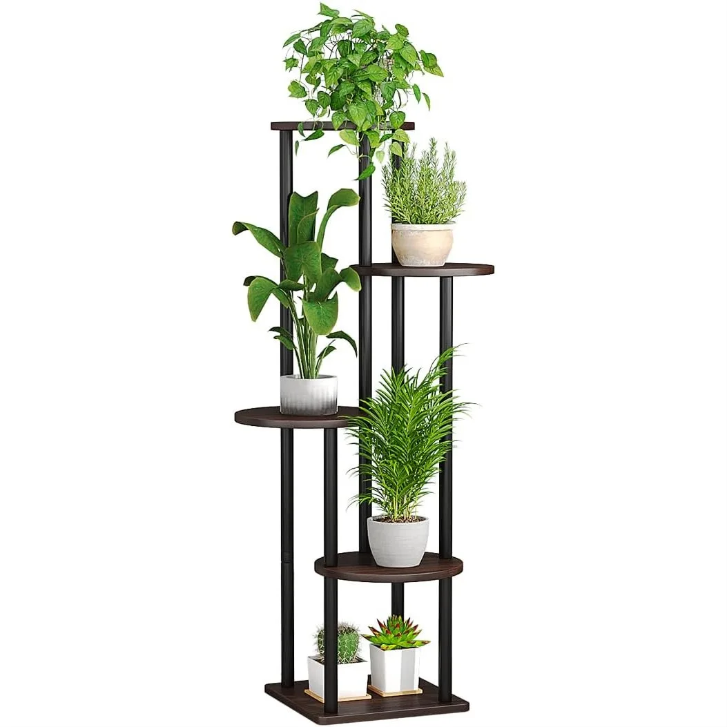 

5-ярусная металлическая подставка для растений, угловая полка для нескольких растений в гостиной, на балконе, в спальне, на террасе, в саду, черный дуб