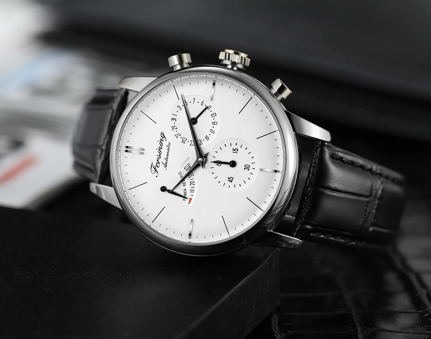 FORSINING Fashion Power Reserve Watch for Man Automatic Mechanical Date Multi Dial Leather Strap Waterproof Casual Male Watches