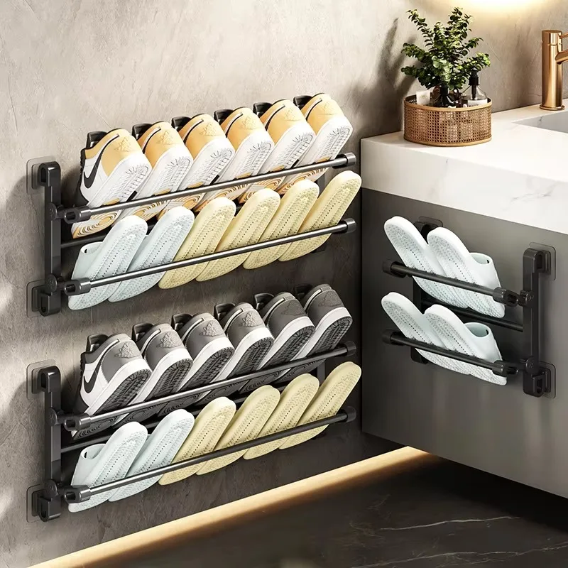 

High Quality Wall Mounted Shoes Organizer bar Rack Nail Free Behind Door Bathroom Shoes Drying Storage Rack
