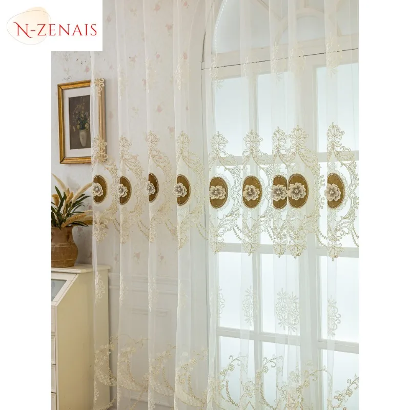 Custom Size European-style Beaded Embroidered Window Screen with Sunscreen Curtains for Living Dining Room Bedroom White Tulle