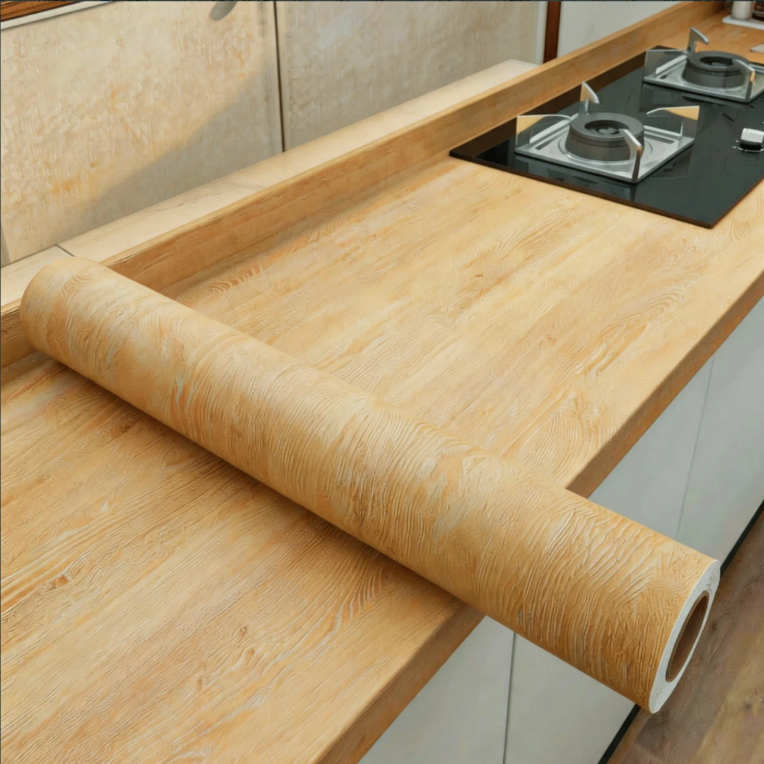 1 Roll PVC Oil-Proof Wood Grain Sticker Self-Adhesive Wallpaper for Kitchen Countertop Furniture Cabinet Table Wall Renovation