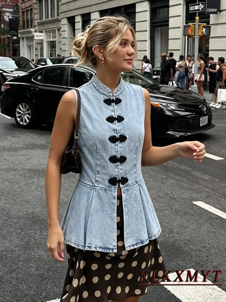 Summer Autumn Fashion Vintage Women Denim Vest Chic O-Neck Embroidery Decoration Wrinkled Hem Women Going Out Tops