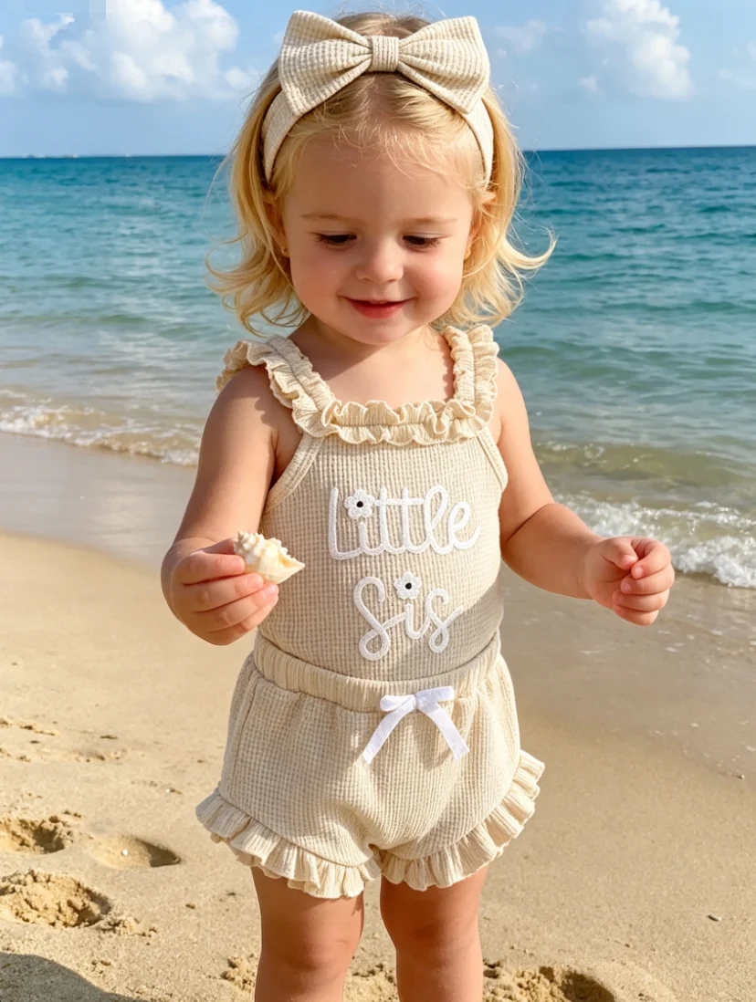 0-2T Toddler Girl Little Sis Pink Waffle Outfit Ruffle Bodysuit Shorts With Bow Headband