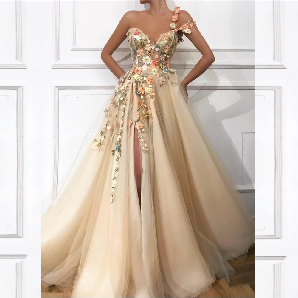 

A Line Beige فساتين حفلات Tulle One Shoulder 3D Flowers Beads Side Slit Floor Length Evening Gowns Vestidos