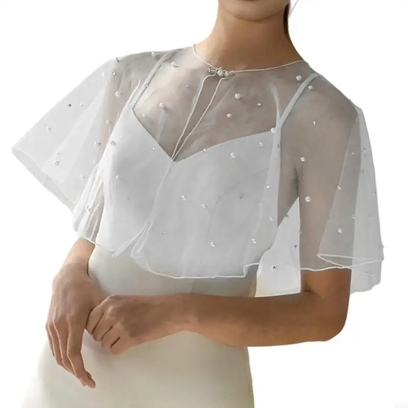 

HXBA Delicate Nylon Wedding Shawl Breathable Capelet Adorned with Pearls and Rhinestones for Brides and Special Occasion