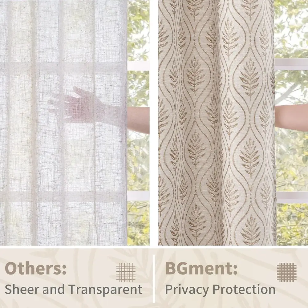 French Country-Style Semi-Sheer Linen Curtains with Leaf Pattern for Living Room, 2 Panels, 52x90