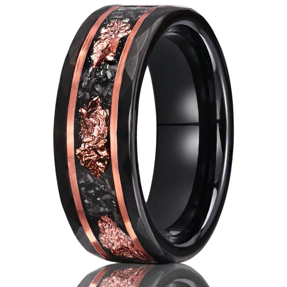 

8mm black tungsten carbide ring men's wedding bands inlaid rose gold foil & meteorite fashion jewelry engagement promise rings