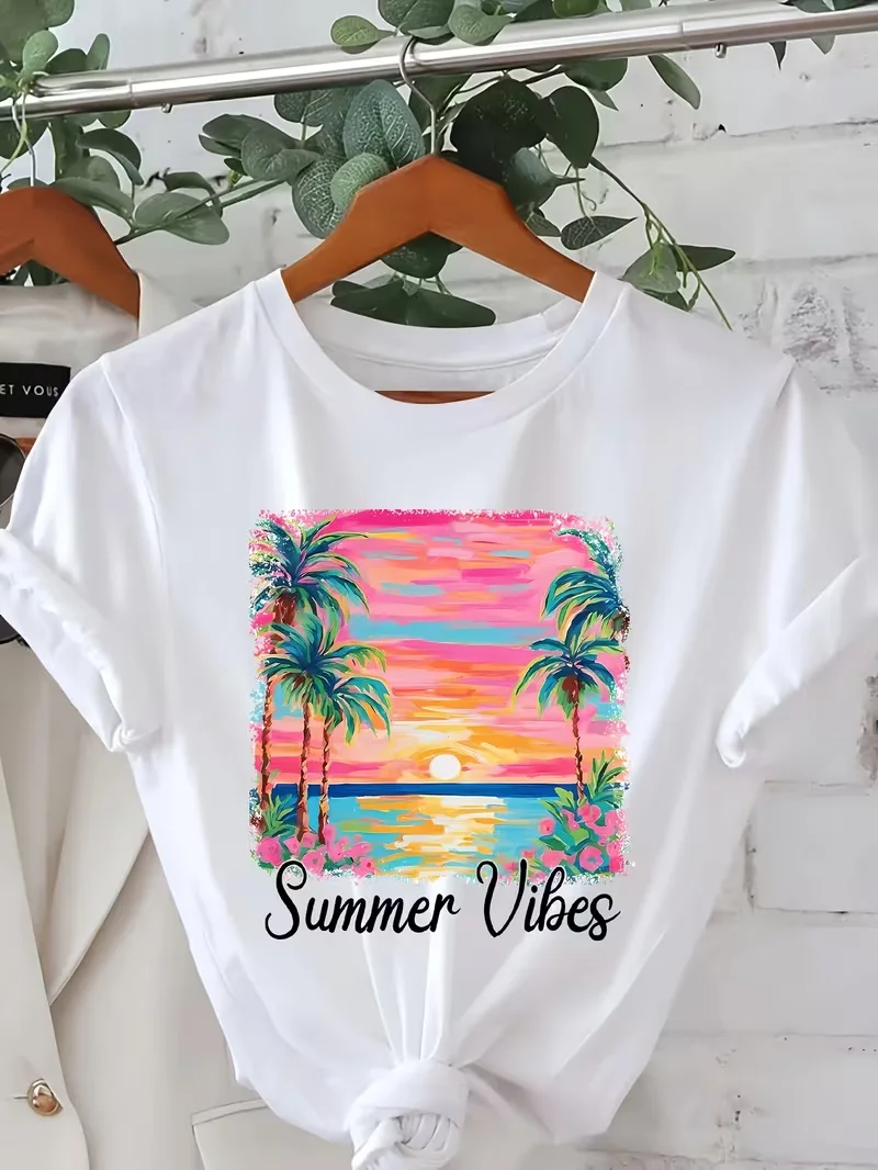Women' Light Beige Tropical Beach T-Shirt - Short Sleeve Round Neck Summer Top with Palm Tree & Summer Vibes for Spring Summer