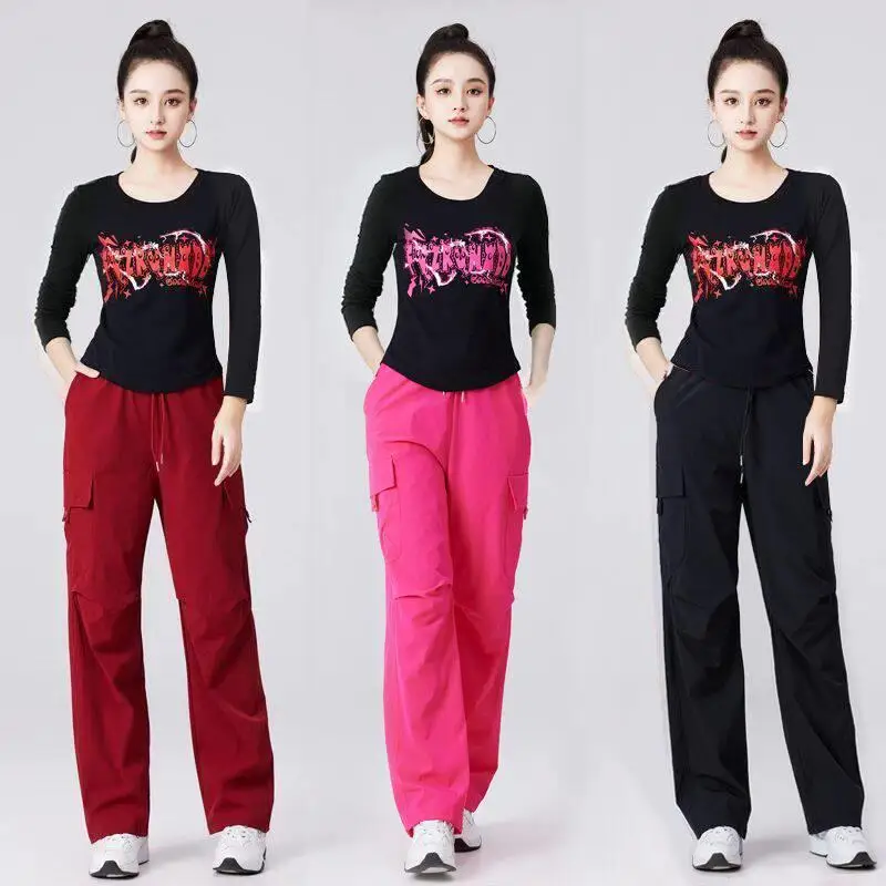 long-sleeve-square-dance-set-casual-running-step-dance-women's-fitness-yoga-two-piece-suit-ultra-short-skirt-long-pants