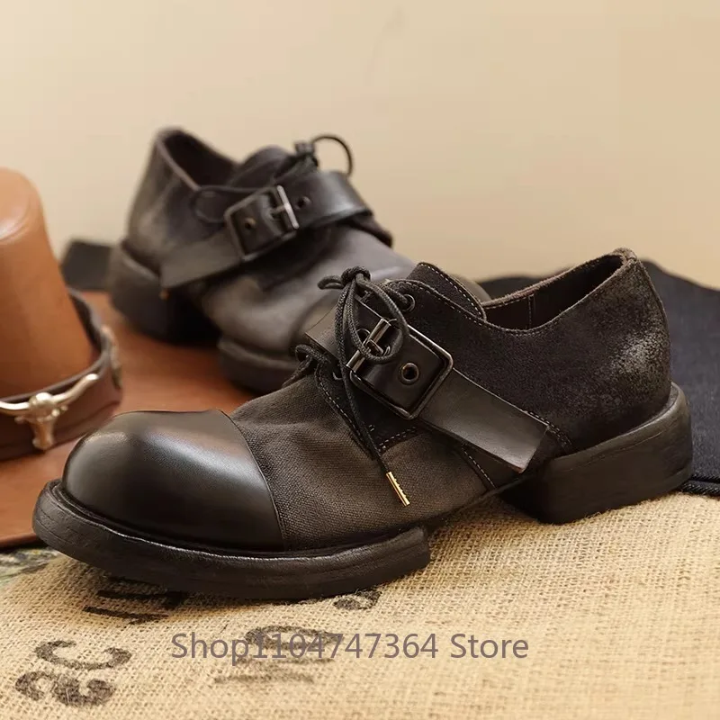 American Retro Horseskin Work Formal Leather Shoes Men's Genuine Leather Round Toe Handmade Thick Soled Casual Commuting Shoes
