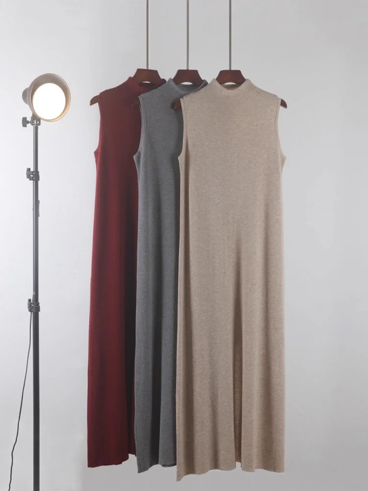 2025 봄/가을 슬림핏 하프 하이넥 니트 드레스 (여성용, 중간/긴소매 민소매 탱크탑 바텀 드레스 W494)