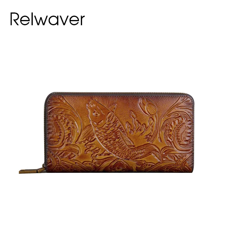 Relwaver women wallet tree cream cow leather wallet 2025 spring summer long zipper fish embossing Chinese style clutch purse