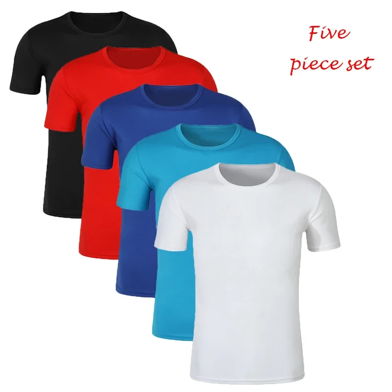 5 Piece Set Mens T-Shirt Tracksuit Summer Casual Quick-Dry Fitness jogging Short Sleeve Male Jerseys Hot Sales Solid Color Tops