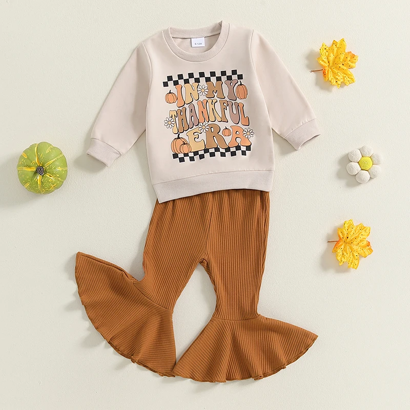 2024-06-07 Lioraitiin 6M-4Y Little Girl Thanksgiving Outfit, Letter Print Fall Long Sleeve Sweatshirt Ribbed Flare Pants Set