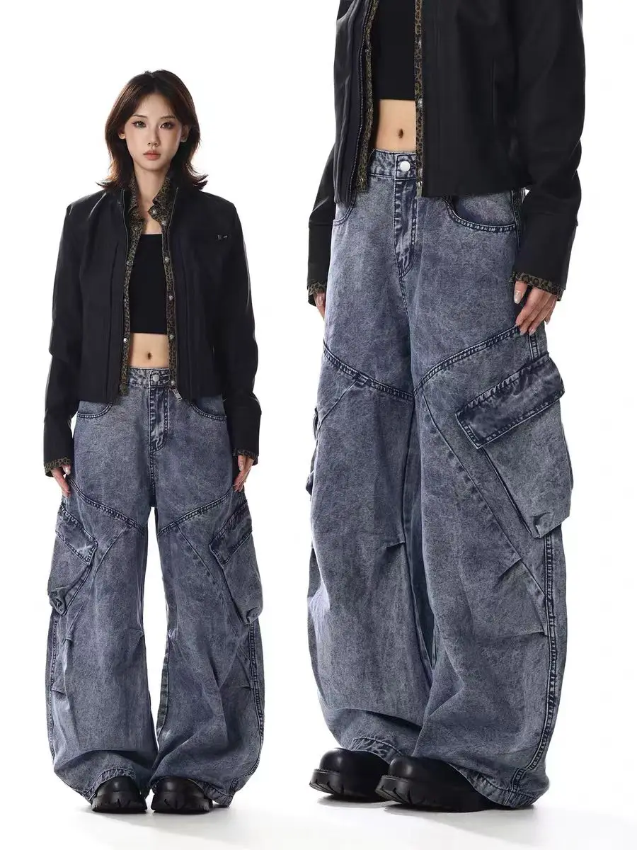 

Джинсы в стиле американского ретро, с эффектом потертости, для мужчин и женщин, с множеством карманов, свободные, широкие штанины, в стиле хип-хоп, готические, с эффектом скинни