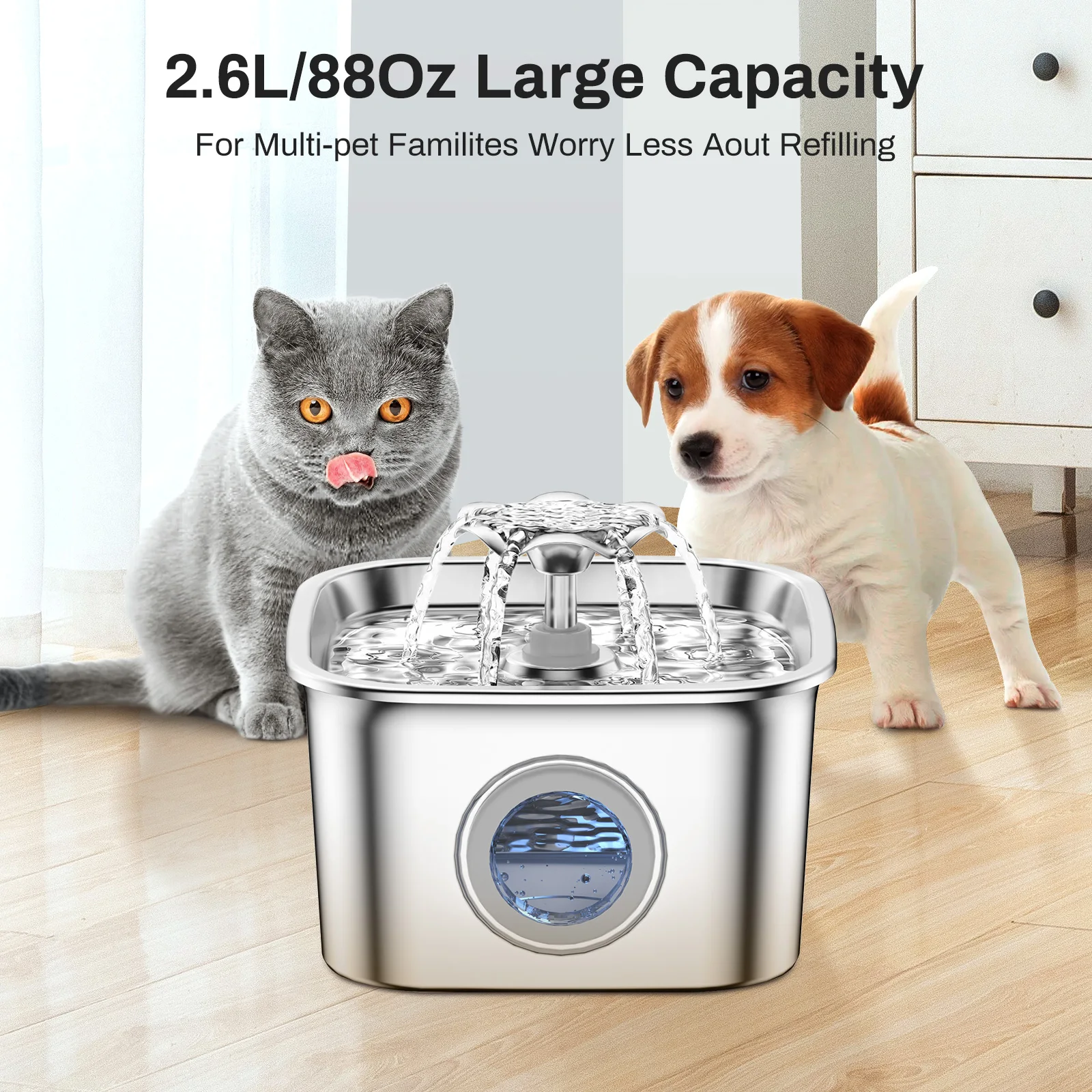 2.6L Automatic Cat Water Fountain Stainless Steel Pet Water Feeder Dog Water Fountain with window 2 Flow Mode （No 5V 1A Plug）