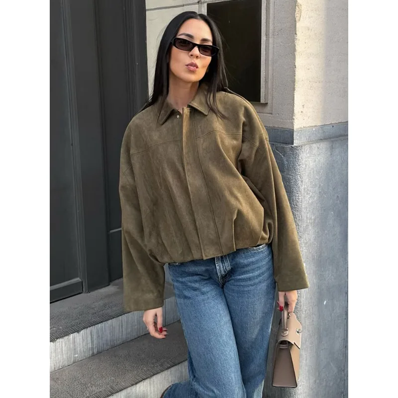 

НОВАЯ женская коричнево-зеленая замшевая куртка 2025 года, свободная повседневная куртка-бомбер с лацканами на молнии, длинные куртки-све, винтажная женская верхняя одежда
