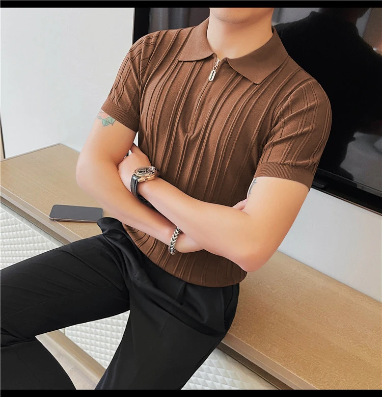 

New Arrived Zipper Short Sleeve Polo Shirt for Men's Summer High End Slim Fit Collar Polo Shirt Men Fashion Versatile T-shirt