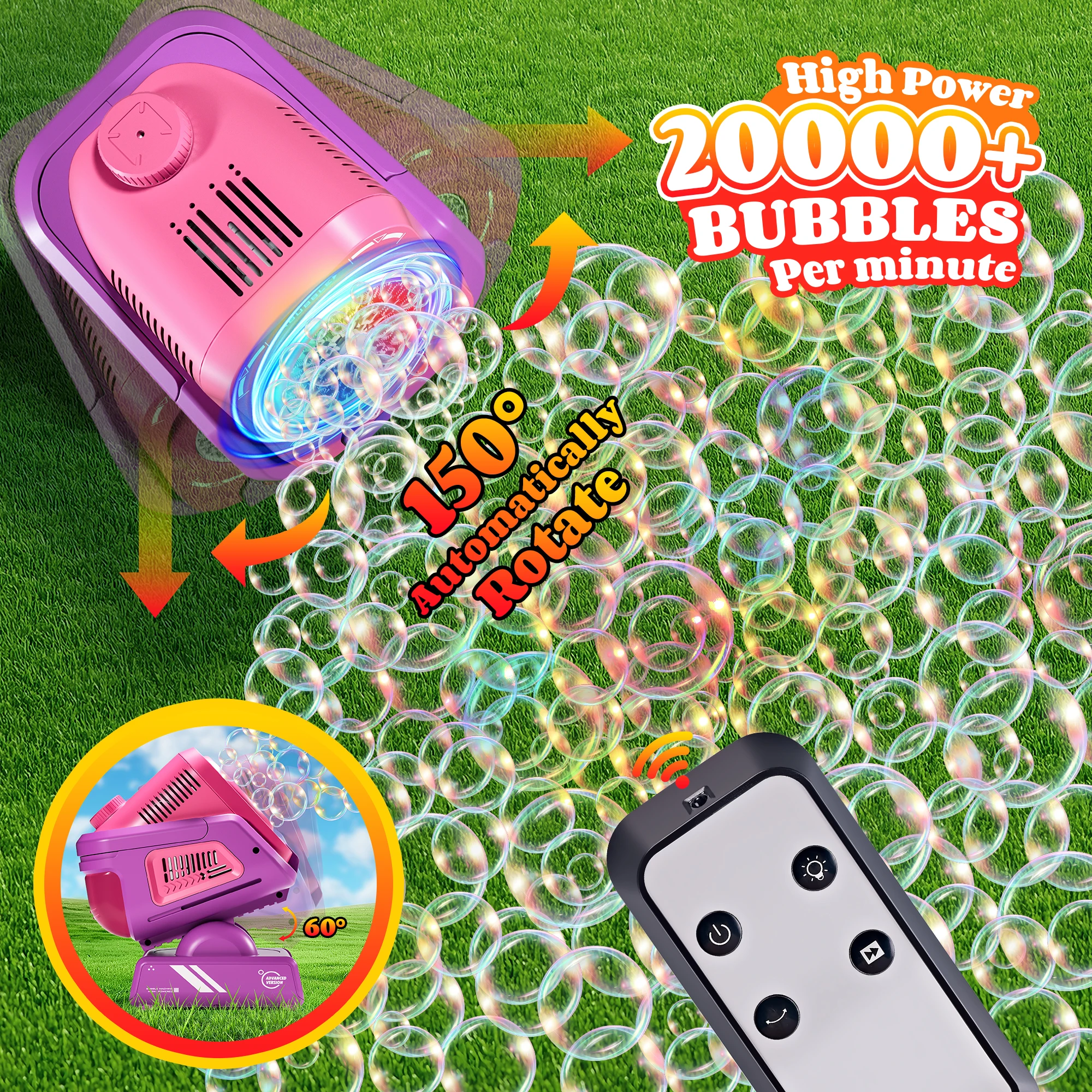 2025 Upgraded Bubble Machine with Remote Control, Automatic Rotation & Rgb Lights, 1800Mah Rechargeable Battery, Type-C Charge