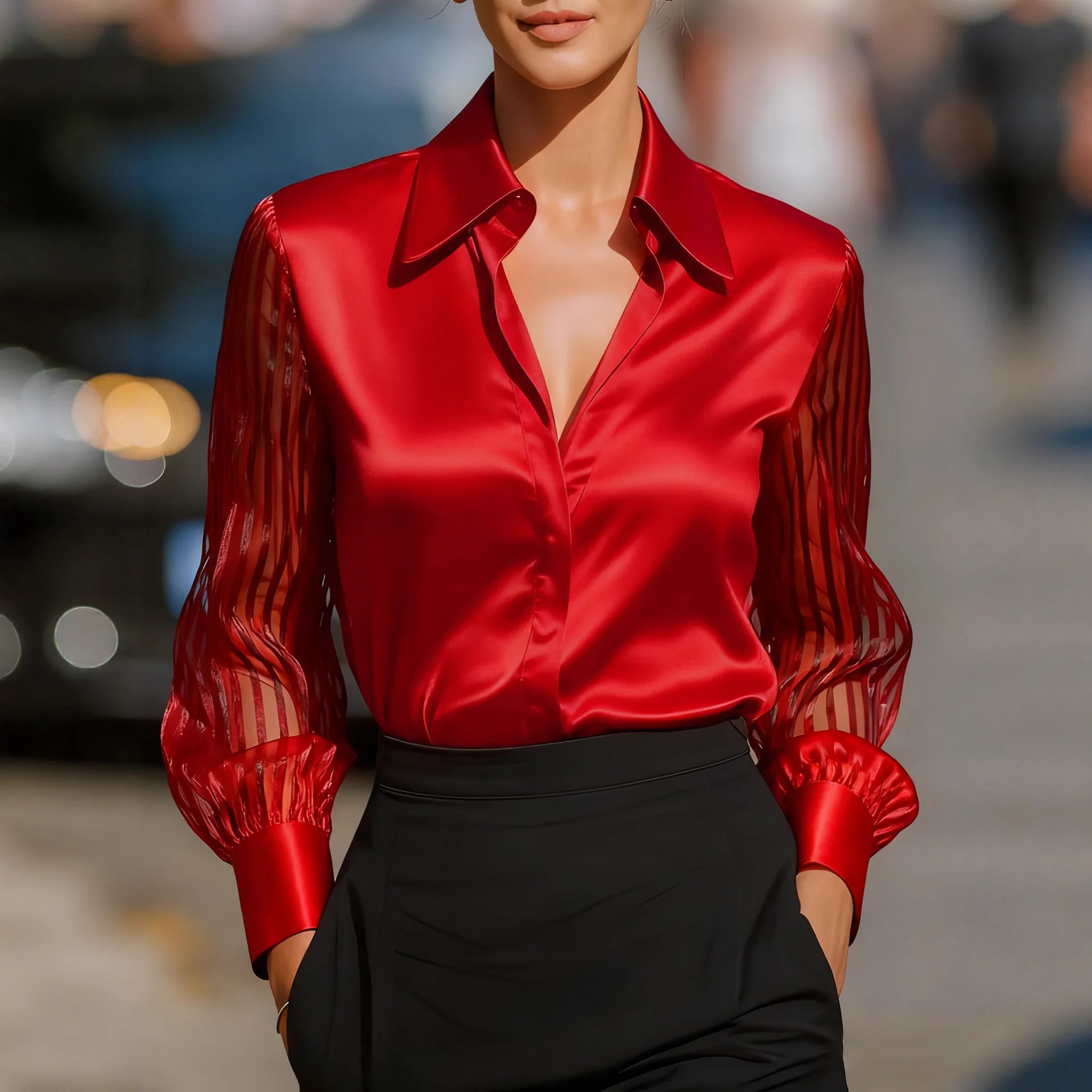 Chemise en Satin à manches longues pour femmes, mode élégante, col rabattu, ample, Transparent, épissé, chemisiers et hauts, automne 2025