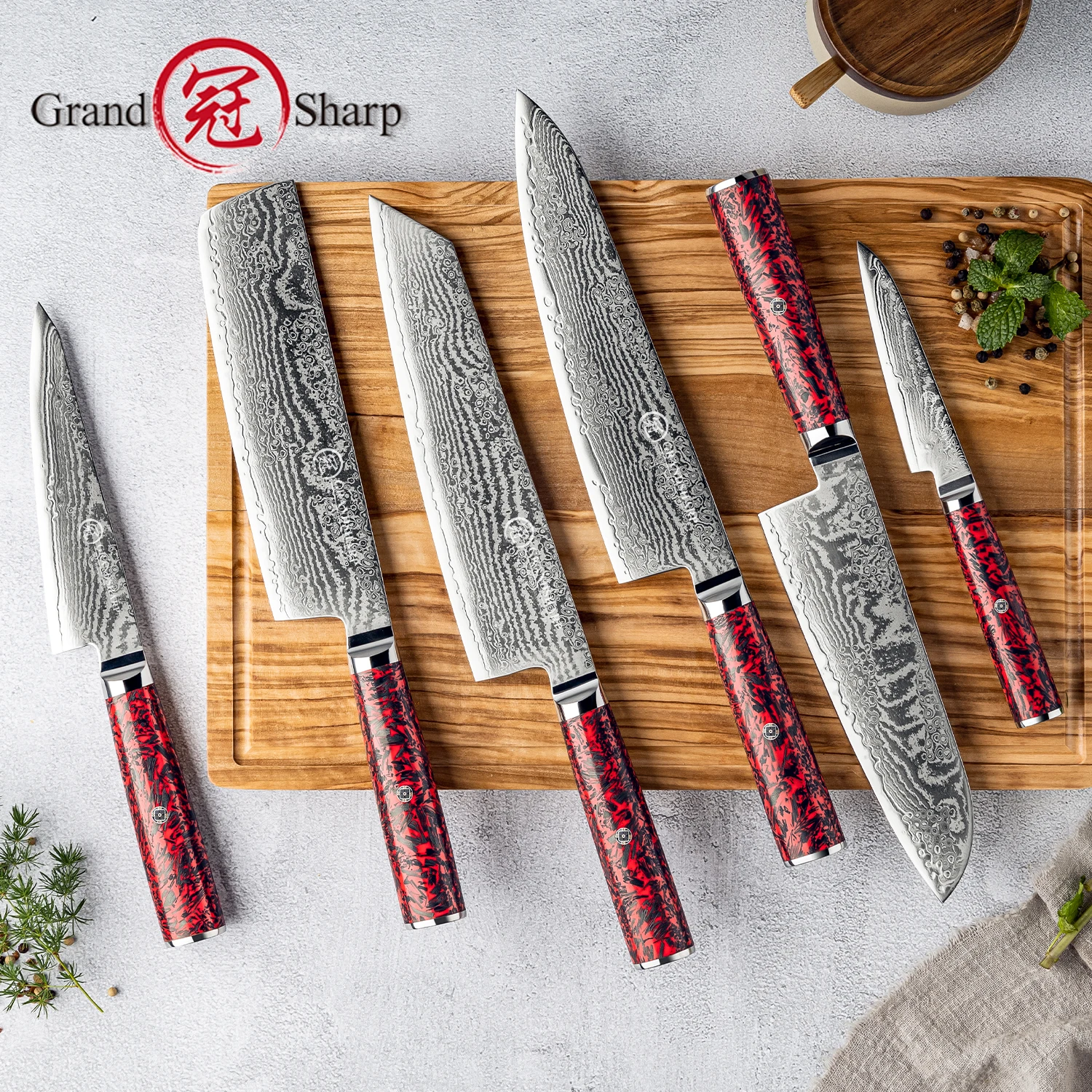 Grandsharp 1-6 PCS Kitchen Knives Set 67 Layers S35VN Powder Core Damascus Steel with Red Resin+Carbon Fiber Handle Cooking Tool