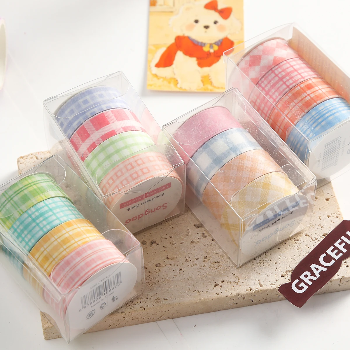 

4 rolls/box Gradient plaid pattern washi tape set, suitable for scrapbook DIY journal decoration, and study supplies decoration