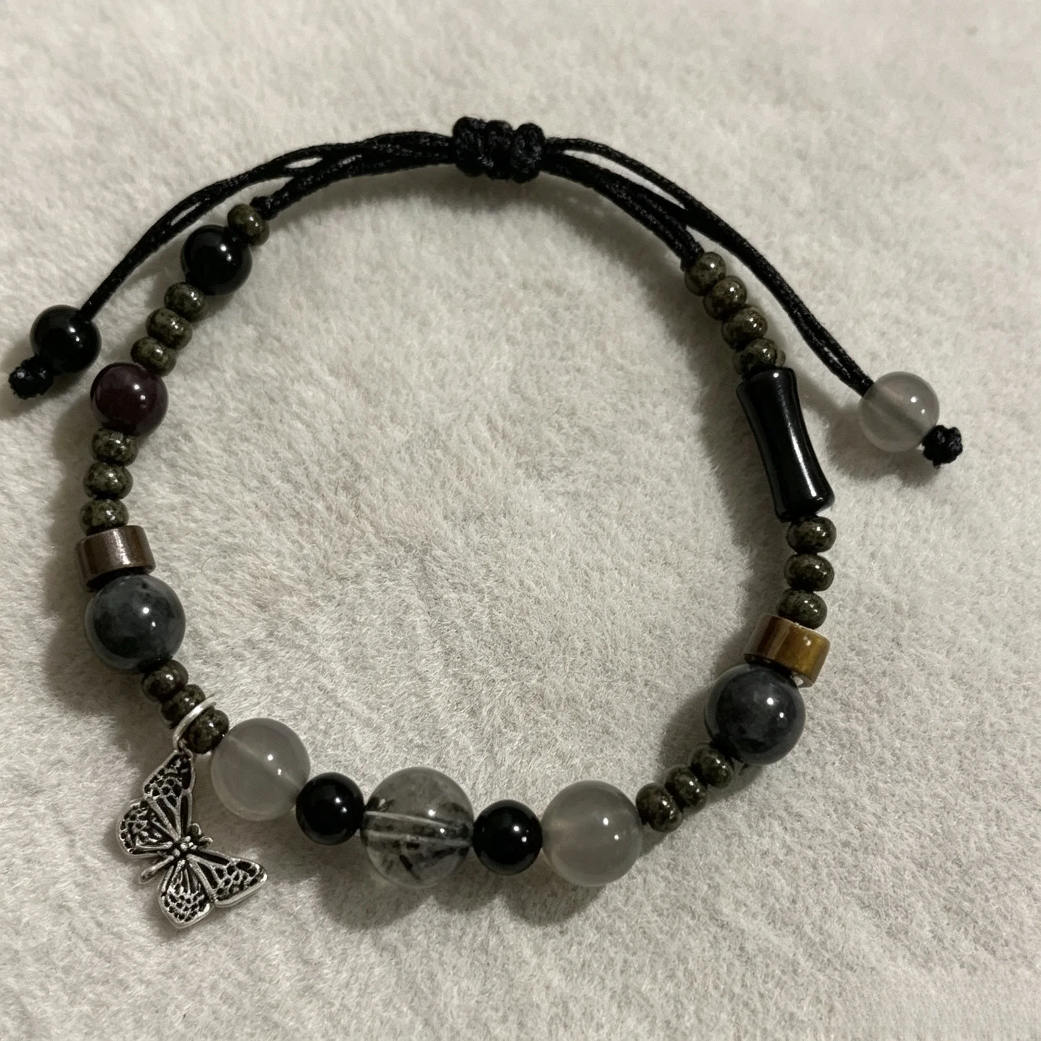 Vintage Black Adjustable Cord Beaded Bracelet Natural Obsidian Smoky Quartz Butterfly Charm Chinese Zen Ethnic Wrist Jewelry view 4