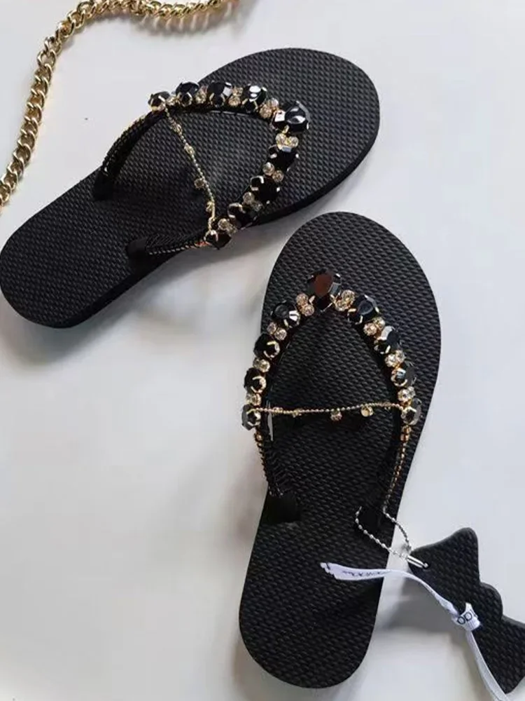 New Flats Slippers Women Shoes 2023 Summer Beach Clip Toe Slides Designer Flip-flops Crystal Chain Sandals Fad Women Slippers 42