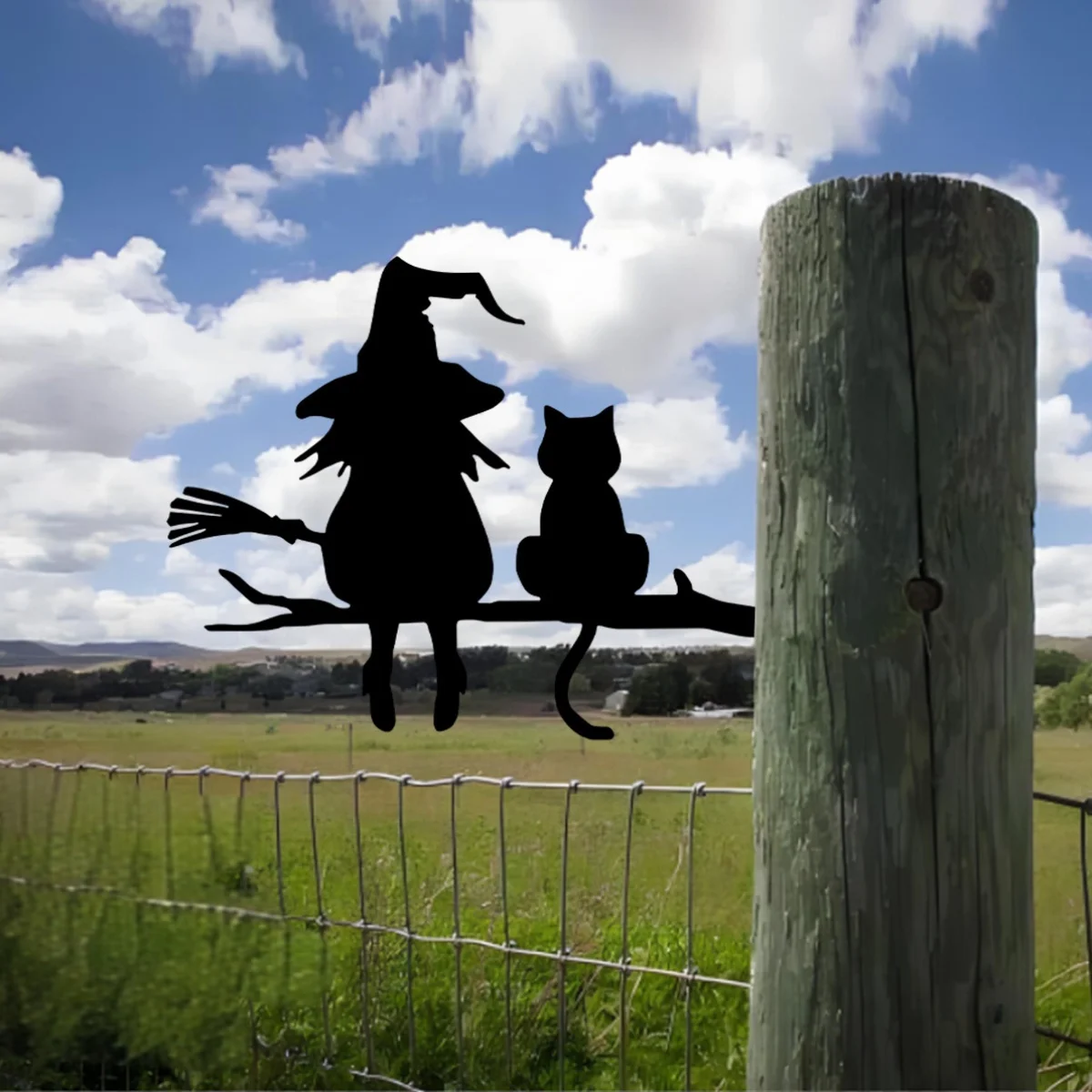 CIFBUY Metal Wall Art Wrought Iron Witch Cat Sculpture Glowing Cauldron Broomstick Indoor Outdoor Garden Patio Home Decor