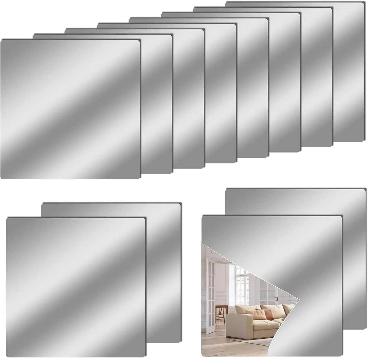 

Flexible Acrylic Mirror Tiles 12x12 Inch 12 Pack Self Adhesive Square Cuttable Safety Reflective Wall Decor