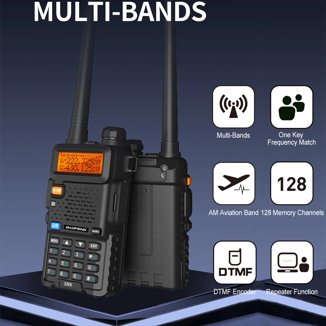 Baofeng 5RX Radio 5W VHF 1.25M UHF Walkie Talkies One Key Frequency Match 128 Channels DTMF Encoder 1800mAh Battery 5RM 5RH Pro