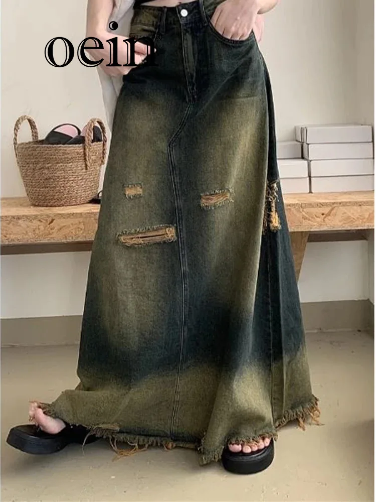 

[oein] Hairy And Ripped Denim Skirt For Women In Spring 2024, New High Waisted And Slim Design, A-line Skirt