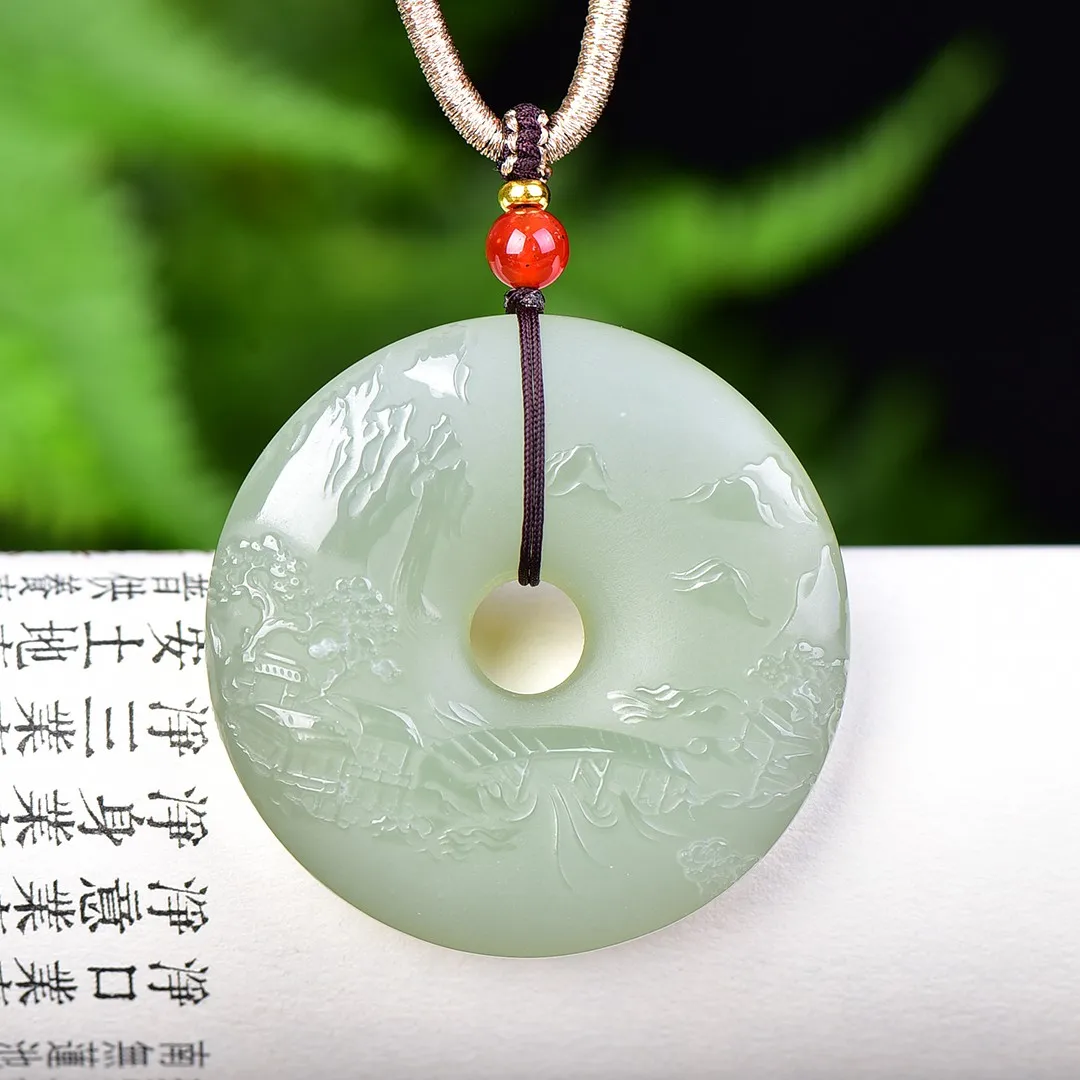 upscale Boutique Hotan Jade Pattern Shanshui Safety Buckle Male Female Pendant Necklace Amulet Peace Charm jade pendant necklace