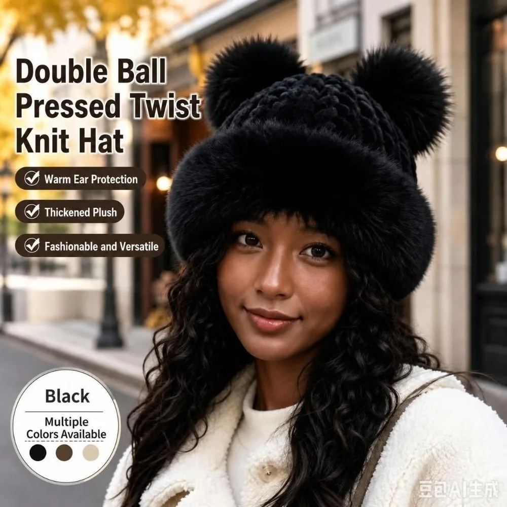 Polyester Cable Knitted Hat Fur Trim Face Slimming Fluffy Mongolian Hat Cold Proof 58cm Head Circumference Winter Trapper Hat