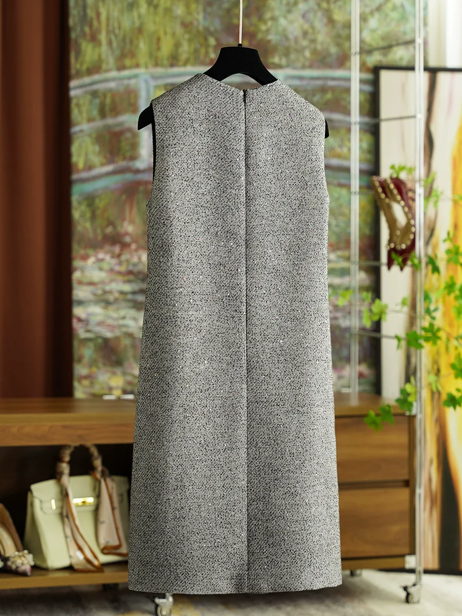 女性用ノースリーブウールタンクドレス,オリジナルデザイン,パールスパンコール,ルーズ,春,秋