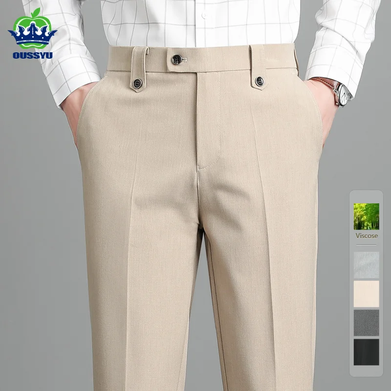 OUSSYU Brand High Quality Business Suit Ankle Length Pants Men Grey Khaki Waist Design Work Office Formal Long Trousers Male