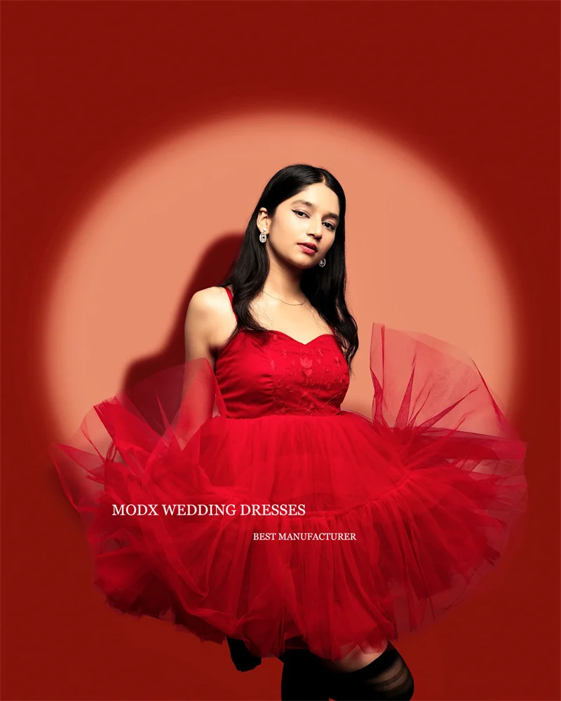 MODX Red Short Prom Party Dress Spaghetti Straps Tulle Birthday Formal Evening Gowns Cocktail Dress Lady Plus Size