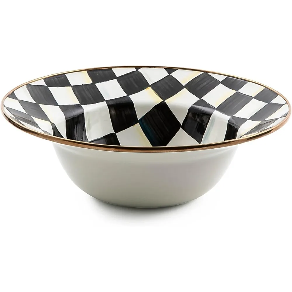 Enamel Serving Bowl, Enamel Serveware Bowl, 12 Inches, Black-and-White Courtly Check